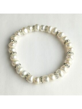 White Freshwater Pearl Sterling Silver CZ Rondelle Bracelet Stretch